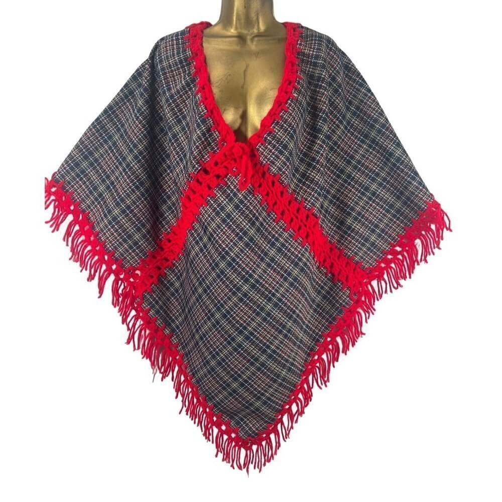 Vintage Red Blue Plaid Knit Cape OS Cottage Twee Retro Boho Western Country